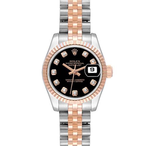 The image shows a Rolex Datejust 179171 Women's Steel and Gold (two tone) Black Dial 179171 Women's Steel and Gold (two tone) Black Dial watch from a front angle, highlighting its black dial, two-tone bracelet, and date display.