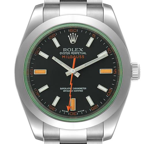 This image shows a front view of the Rolex Milgauss 116400V Men's Stainless Steel Black Dial 116400V Men's Stainless Steel Black Dial watch, highlighting its face, bezel, and bracelet.