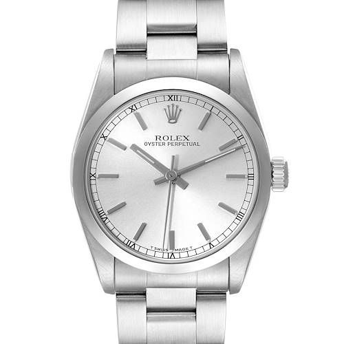This image shows a frontal view of the Rolex Oyster Perpetual Mid-Size watch, displaying the face and bracelet.
