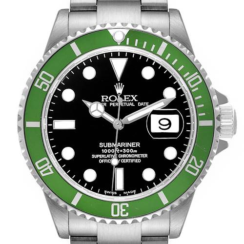 This is a front view of a Rolex Submariner 16610LV Men's Stainless Steel Black Dial 16610LV Men's Stainless Steel Black Dial watch, showing the dial, bezel, and part of the bracelet.