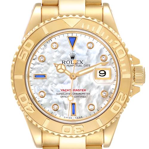 The image shows a front view of the Rolex Yacht-Master 16628NGS Men's Yellow Gold Mother of Pearl Dial 16628NGS Men's Yellow Gold Mother of Pearl Dial watch, highlighting its dial, bezel, and date window.
