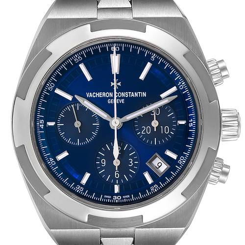 The image shows the dial and bezel of a Vacheron Constantin Overseas 5500V/110A-B148 Men's Stainless Steel Blue Dial 5500V/110A-B148 Men's Stainless Steel Blue Dial watch with a blue face and three subdials.