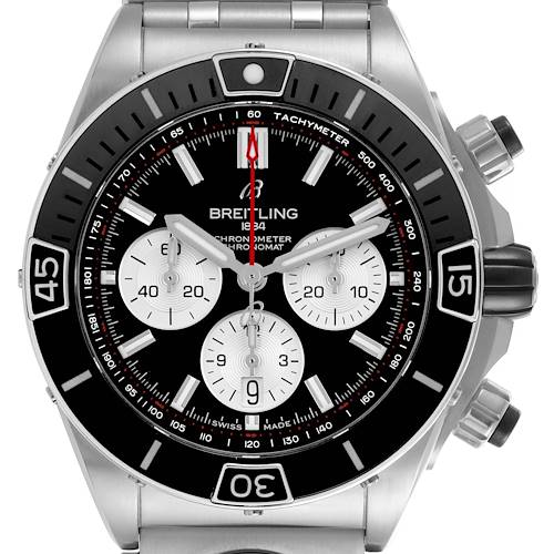 The Breitling Chronomat AB0136251B1A2 Men's Stainless Steel Black Dial AB0136251B1A2 Men's Stainless Steel Black Dial watch is shown from a front angle, displaying its dial, bezel, and part of the stainless steel bracelet.