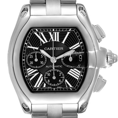 This image shows a front view of the Cartier Roadster W62020X6 Men's Stainless Steel Black Dial W62020X6 Men's Stainless Steel Black Dial watch, highlighting the face, dial, and stainless steel bracelet.