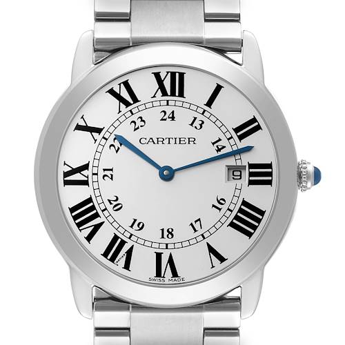 The image shows a front view of a Cartier Ronde W6701005 Men's Stainless Steel Silver Dial W6701005 Men's Stainless Steel Silver Dial watch, displaying the face, bezel, and a section of the bracelet.