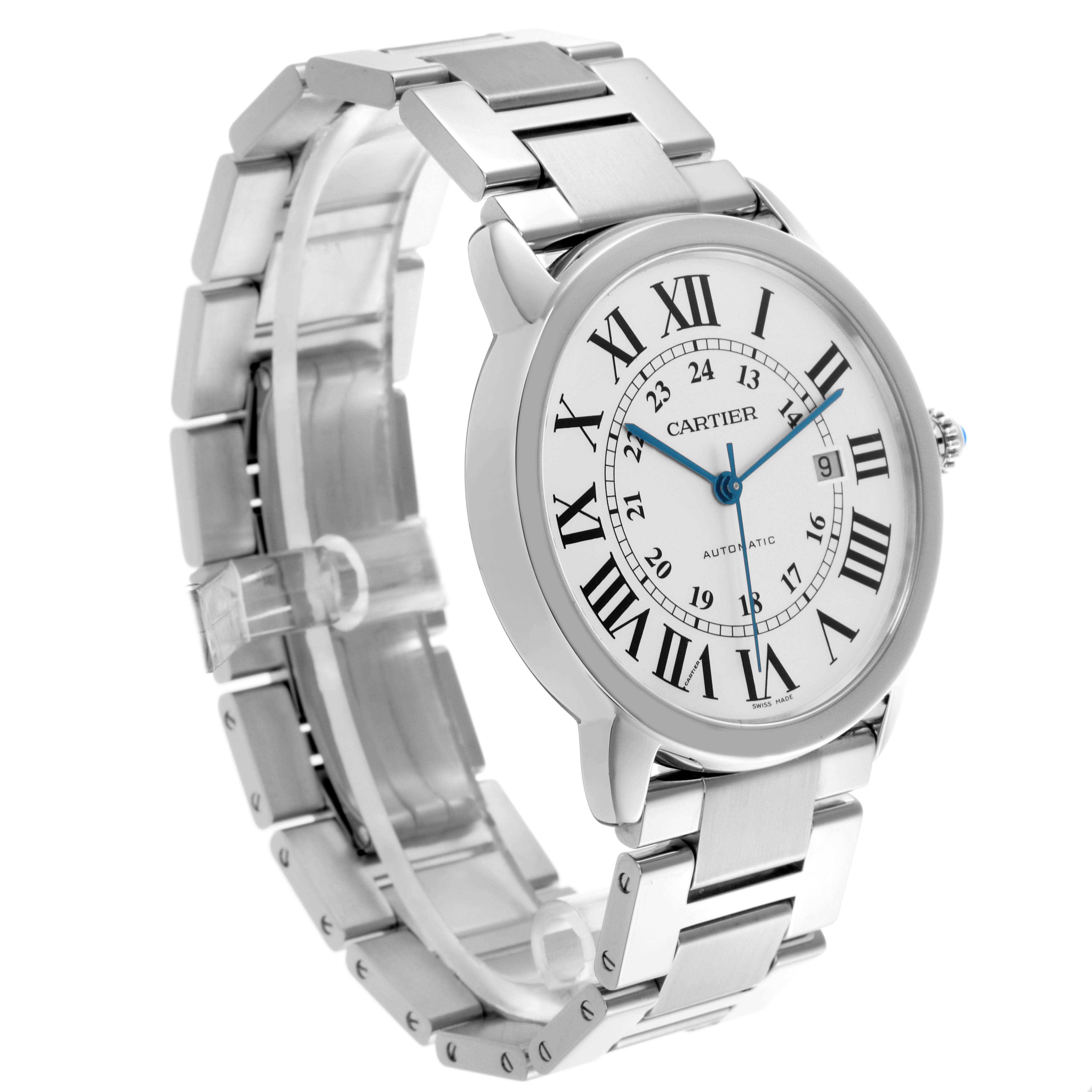 The Cartier Ronde W6701011 Men's Stainless Steel Silver Dial W6701011 Men's Stainless Steel Silver Dial watch is shown at a three-quarter angle, displaying its face, bracelet, and crown.