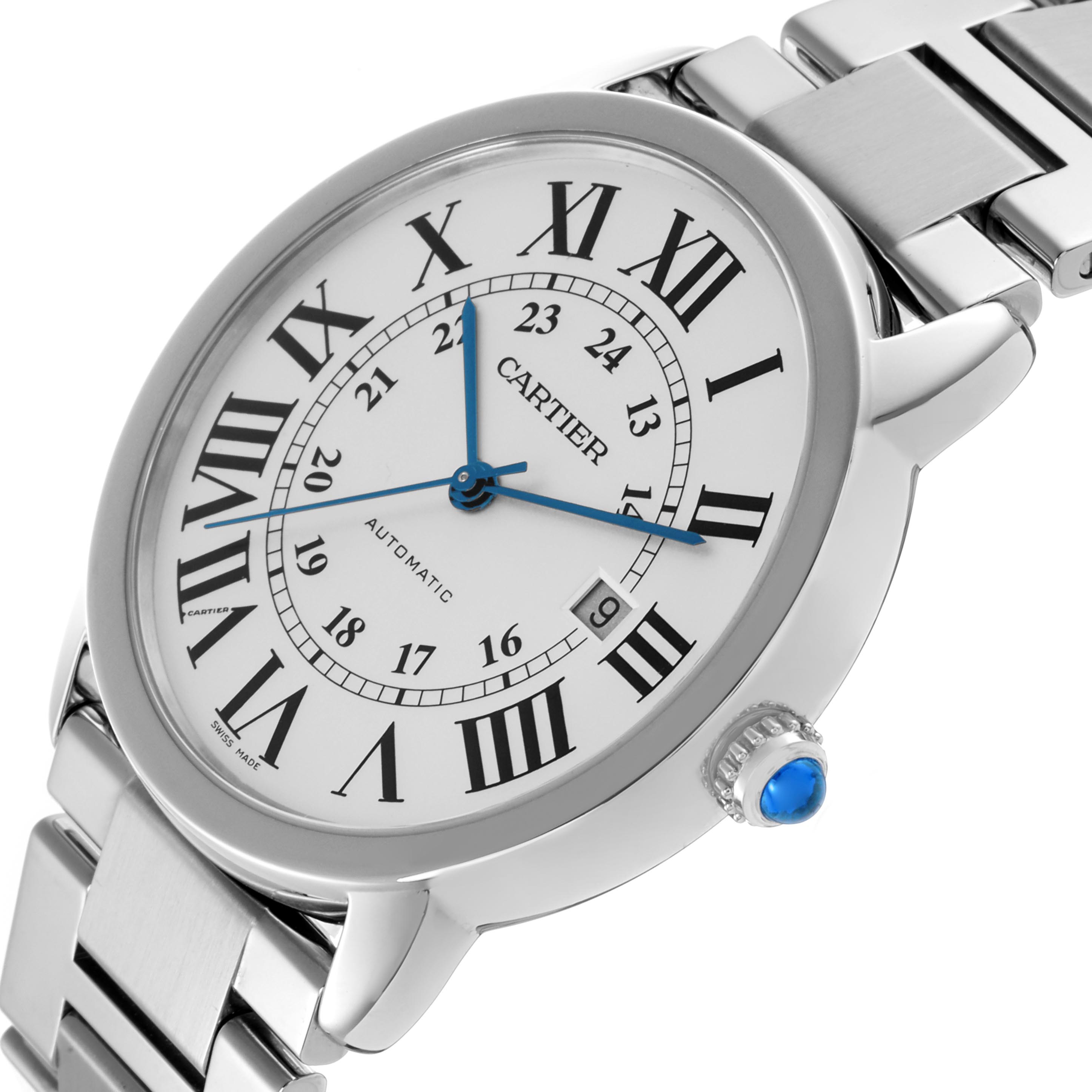 The Cartier Ronde W6701011 Men's Stainless Steel Silver Dial W6701011 Men's Stainless Steel Silver Dial watch is shown at an angled close-up, displaying the face, side crown, and part of the metal bracelet.