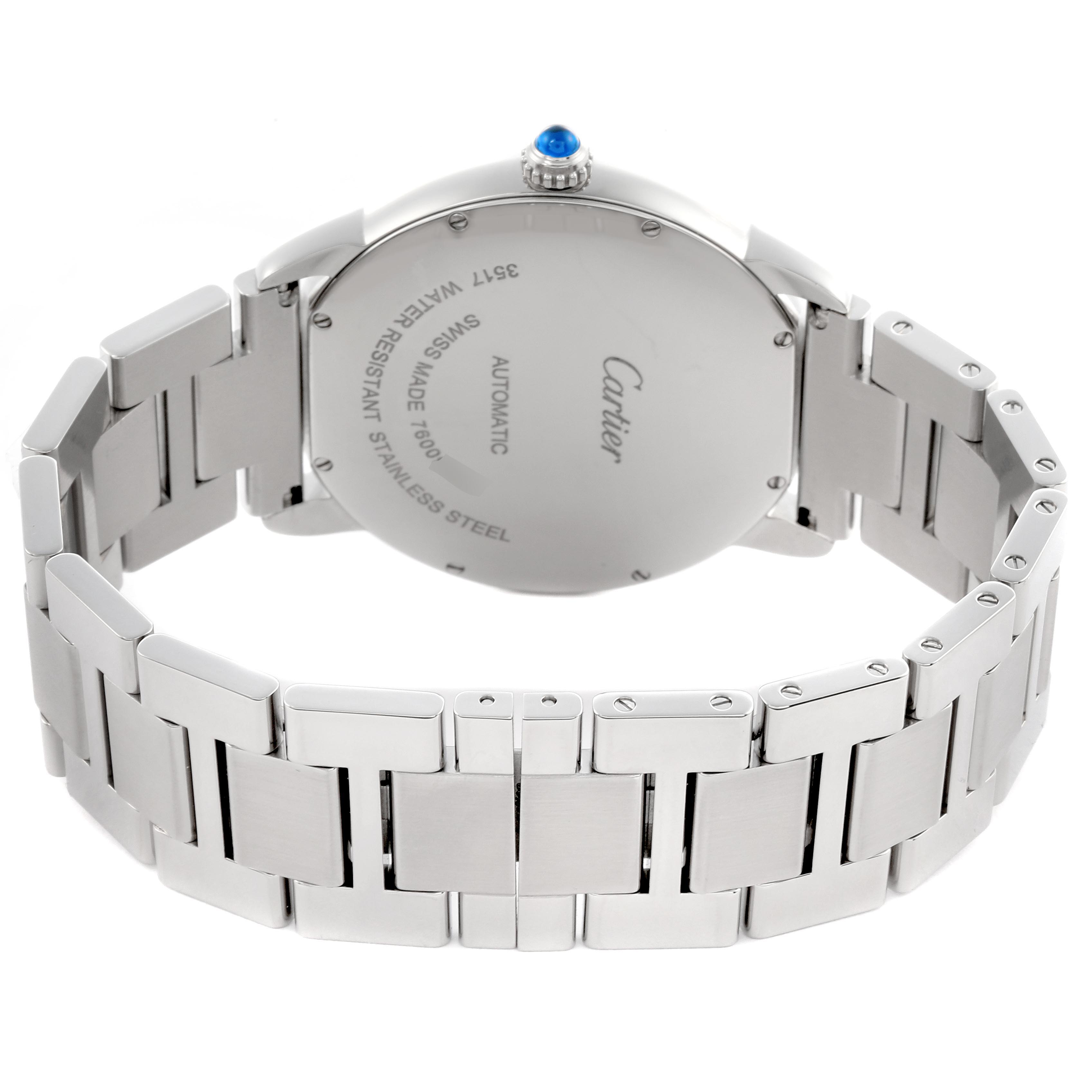 The Cartier Ronde W6701011 Men's Stainless Steel Silver Dial W6701011 Men's Stainless Steel Silver Dial watch is shown from the back, displaying the case back, crown, and part of the stainless steel bracelet.