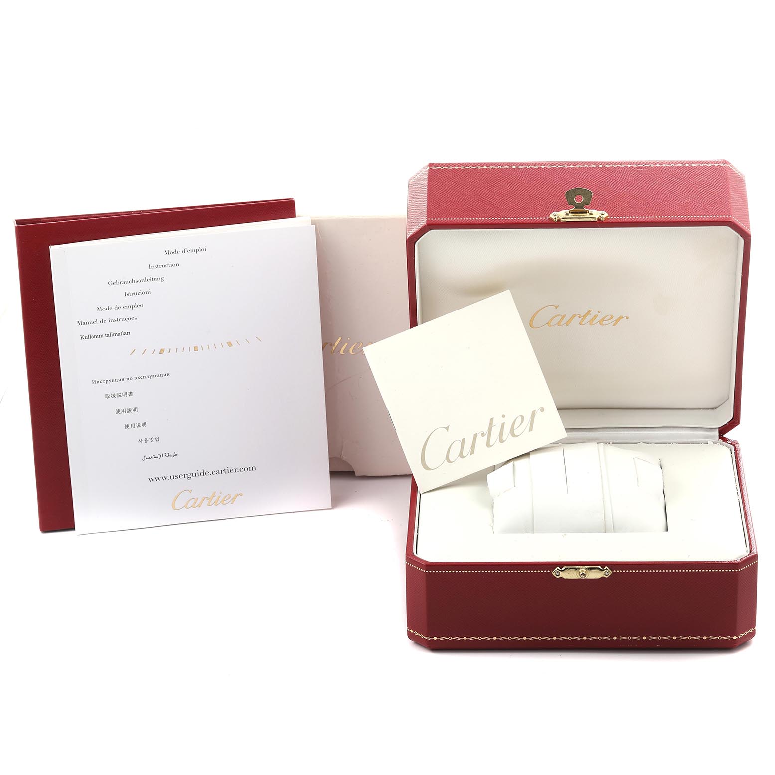 The Cartier Ronde W6701011 Men's Stainless Steel Silver Dial W6701011 Men's Stainless Steel Silver Dial watch is displayed from an angle showing its presentation box, booklets, and a glimpse of the bracelet.