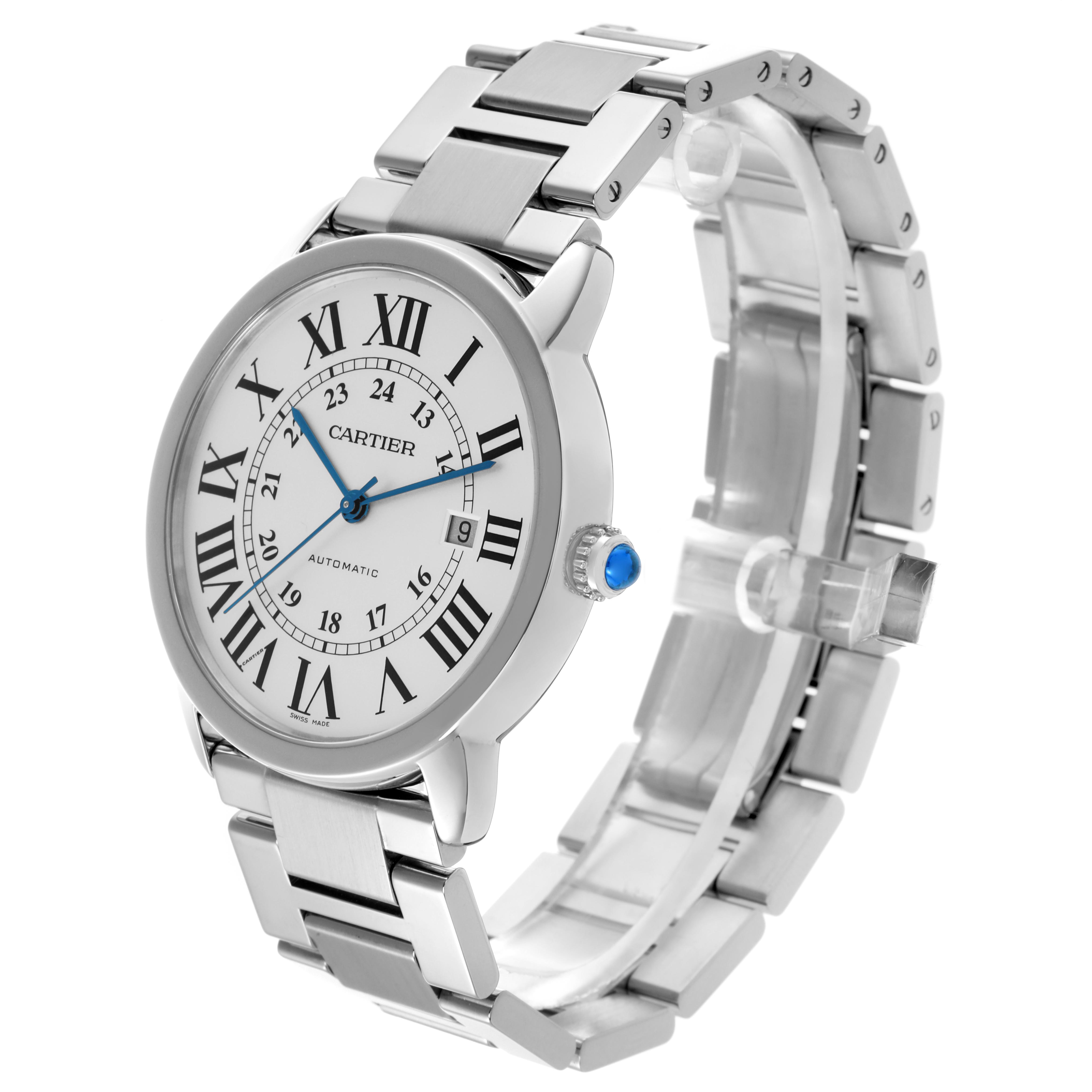 The image shows a Cartier Ronde W6701011 Men's Stainless Steel Silver Dial W6701011 Men's Stainless Steel Silver Dial watch at a three-quarter angle, displaying the face, bracelet, and blue cabochon crown.