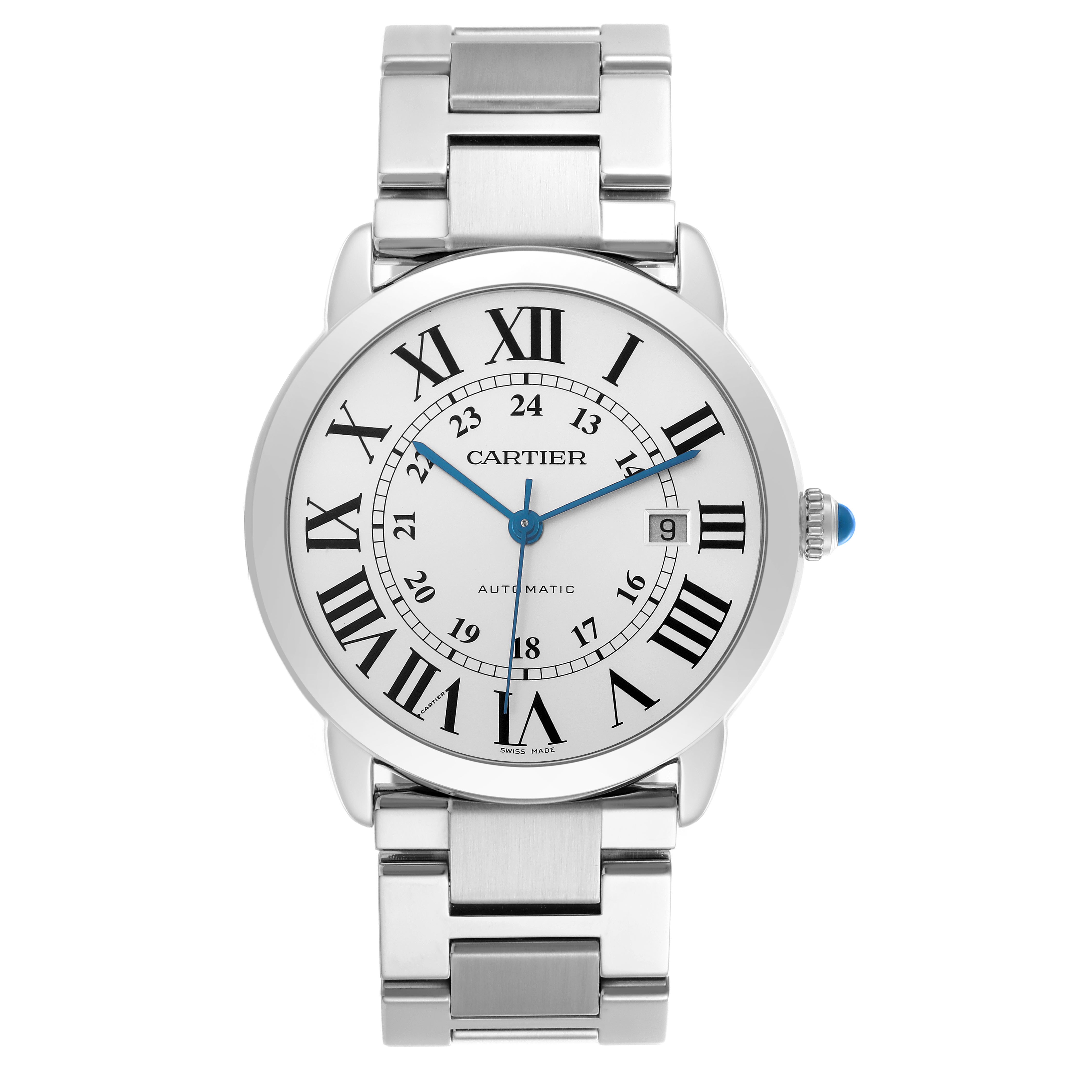 The Cartier Ronde W6701011 Men's Stainless Steel Silver Dial W6701011 Men's Stainless Steel Silver Dial watch is shown from a front angle, displaying the dial, hands, and bracelet.