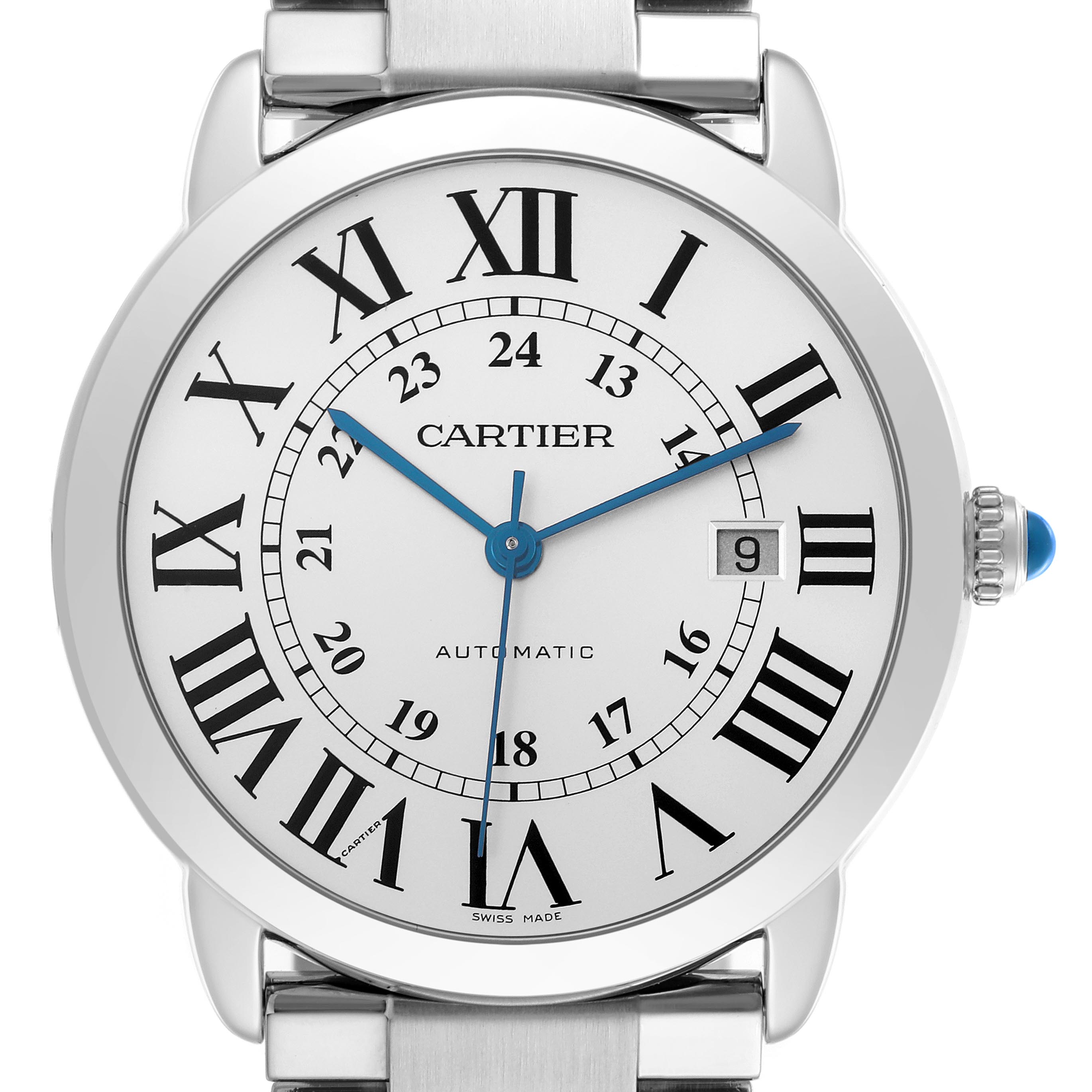 The Cartier Ronde W6701011 Men's Stainless Steel Silver Dial W6701011 Men's Stainless Steel Silver Dial watch is shown from a front angle, displaying the dial, crown, and part of the bracelet.