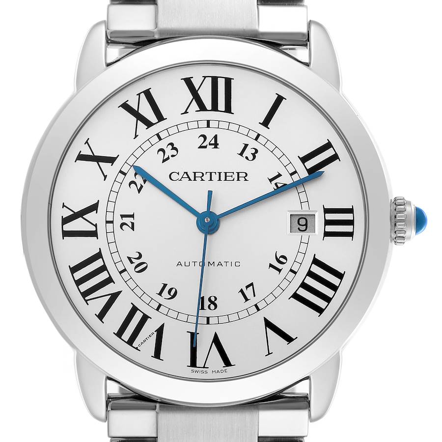 The Cartier Ronde W6701011 Men's Stainless Steel Silver Dial W6701011 Men's Stainless Steel Silver Dial watch is shown from a front angle, displaying the dial, crown, and part of the bracelet.