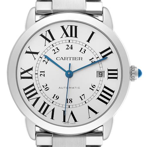 The Cartier Ronde W6701011 Men's Stainless Steel Silver Dial W6701011 Men's Stainless Steel Silver Dial watch is shown from a front angle, displaying its face, Roman numerals, date window, and blue hands.
