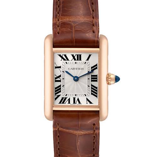 The Cartier Tank Louis WGTA0010 Women's Rose Gold Silver Dial WGTA0010 Women's Rose Gold Silver Dial watch is shown from a front angle, displaying its rectangular face, roman numerals, and brown leather strap.