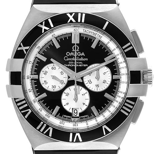 The image shows a frontal view of the Omega Constellation 1819.51.91 Men's Stainless Steel Black Dial 1819.51.91 Men's Stainless Steel Black Dial watch, highlighting its dial, chronograph subdials, and tachymeter.