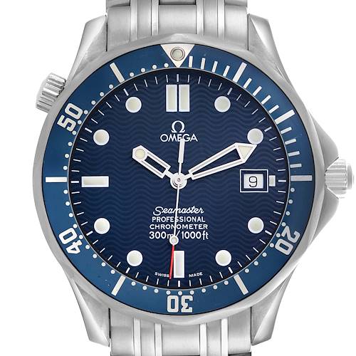 The Omega Seamaster 2531.80.00 Men's Stainless Steel Blue Dial 2531.80.00 Men's Stainless Steel Blue Dial is shown from a front angle, displaying the dial, bezel, and bracelet.