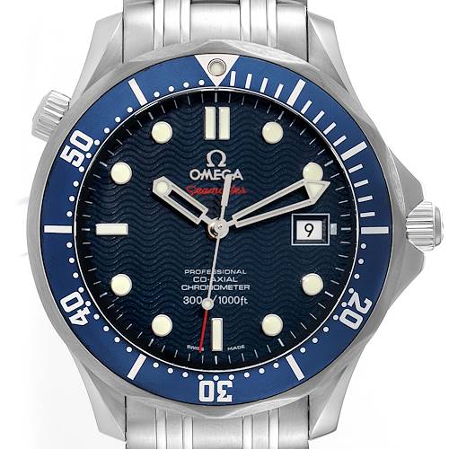 The image shows a front view of an Omega Seamaster 2220.80.00 Men's Stainless Steel Blue Dial 2220.80.00 Men's Stainless Steel Blue Dial watch, highlighting its blue dial, date window, and stainless steel bracelet.