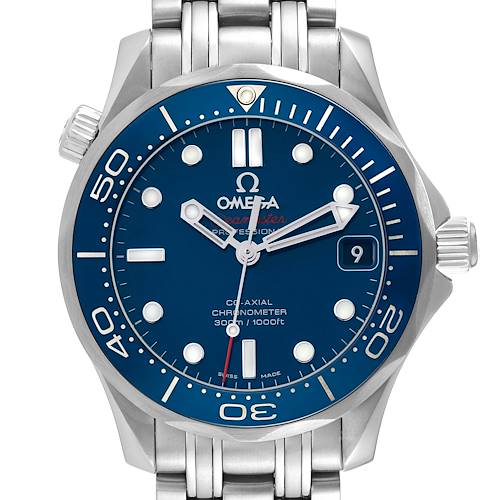 This is a front view of the Omega Seamaster 212.30.36.20.03.001 Men's Stainless Steel Blue Dial 212.30.36.20.03.001 Men's Stainless Steel Blue Dial watch, showcasing its blue dial, bezel, and stainless steel bracelet.