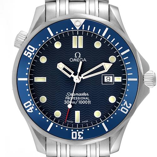 The image shows a front view of the Omega Seamaster 2541.80.00 Men's Stainless Steel Blue Dial 2541.80.00 Men's Stainless Steel Blue Dial Professional, highlighting its blue dial, bezel, and stainless steel bracelet.