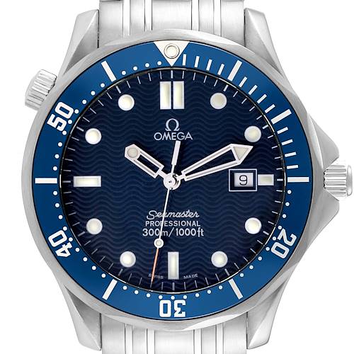 This image shows a front view of the Omega Seamaster 2541.80.00 Men's Stainless Steel Blue Dial 2541.80.00 Men's Stainless Steel Blue Dial watch, highlighting its dial, bezel, and part of the bracelet.
