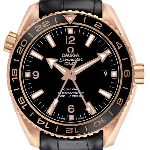 The Omega Planet Ocean 232.63.44.22.01.001 Men's Rose Gold Black Dial 232.63.44.22.01.001 Men's Rose Gold Black Dial watch is shown from the front, displaying the dial, bezel, and part of the strap.