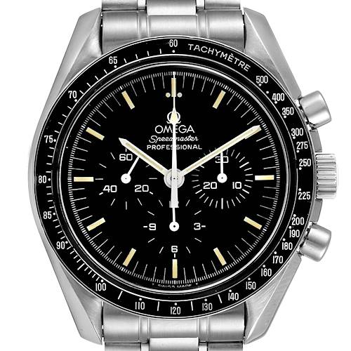 This image shows a front view of the Omega Speedmaster 3590.50.00 Men's Stainless Steel Black Dial 3590.50.00 Men's Stainless Steel Black Dial Professional watch, displaying its dial, bezel, and stainless steel bracelet.