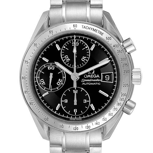 The image shows a frontal view of an Omega Speedmaster 3513.50.00 Men's Stainless Steel Black Dial 3513.50.00 Men's Stainless Steel Black Dial watch, displaying its dial, bezel, pushers, and part of the stainless steel bracelet.