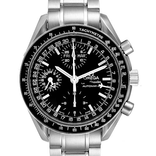 The image shows a frontal view of an Omega Speedmaster 3520.50.00 Men's Stainless Steel Black Dial 3520.50.00 Men's Stainless Steel Black Dial watch, displaying the face, bezel, and part of the stainless steel bracelet.