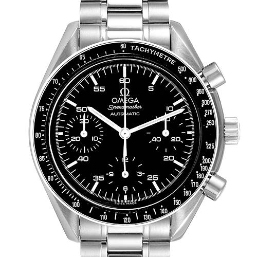 This is a frontal view of an Omega Speedmaster 3510.50.00 Men's Stainless Steel Black Dial 3510.50.00 Men's Stainless Steel Black Dial watch, showcasing its dial, bezel, and bracelet.