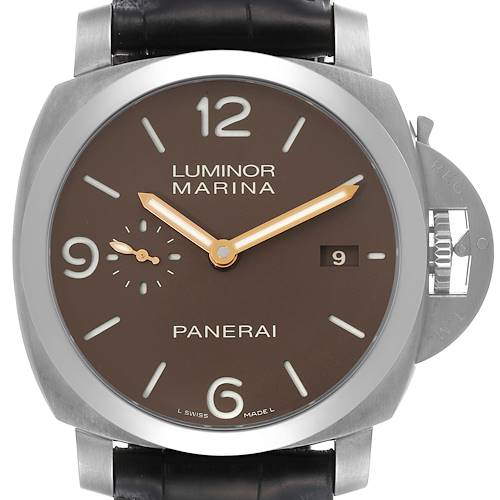This image shows a front view of a Panerai Luminor PAM00351 Men's Titanium Brown Dial PAM00351 Men's Titanium Brown Dial Marina watch, highlighting the dial, hands, and date display.