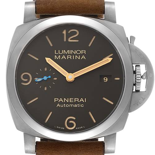 This image shows a front view of the Panerai Luminor PAM01351 Men's Titanium Brown Dial PAM01351 Men's Titanium Brown Dial Marina watch, displaying its dial, hands, crown, and date window.