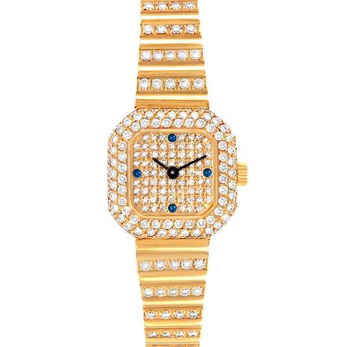 This image shows the front view of a Vintage Patek Philippe watch, showcasing its diamond-encrusted design and gold band.