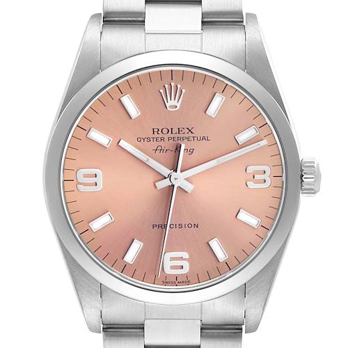 The Rolex Air-King 14000 Men's Stainless Steel Pink Dial 14000 Men's Stainless Steel Pink Dial watch is shown from a front view, displaying the dial, hands, crown, and part of the bracelet.