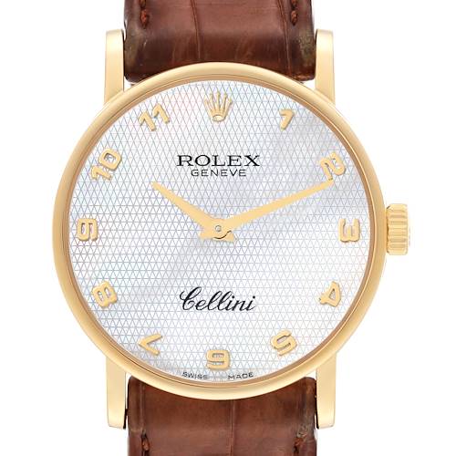This image shows a frontal view of a Rolex Cellini 5115 Men's Yellow Gold Mother of Pearl Dial 5115 Men's Yellow Gold Mother of Pearl Dial watch, showcasing its face, dial, hands, crown, and leather strap.