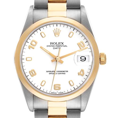 The image shows a Rolex Date 15203 Men's Steel and Gold (two tone) White Dial 15203 Men's Steel and Gold (two tone) White Dial model watch from the front, highlighting its face, bezel, crown, and part of the bracelet.