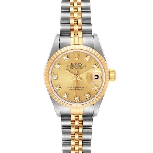 This image shows a Rolex Datejust 69173 Women's Steel and Gold (two tone) Champagne Dial 69173 Women's Steel and Gold (two tone) Champagne Dial watch from a front angle, highlighting the dial, bezel, and band.