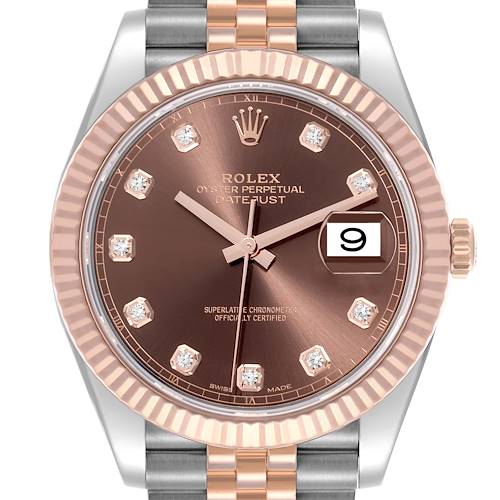 The Rolex Datejust 41 126331 Men's Steel and Gold (two tone) Brown Dial 126331 Men's Steel and Gold (two tone) Brown Dial is shown from the front, highlighting the bezel, dial, hands, markers, date window, and part of the bracelet.