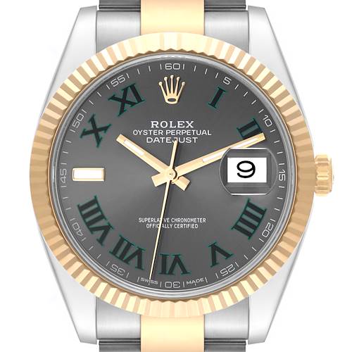 This Rolex Datejust 41 126333 Men's Steel and Gold (two tone) Grey Dial 126333 Men's Steel and Gold (two tone) Grey Dial watch is shown from the front, highlighting its dial, date window, and fluted bezel.