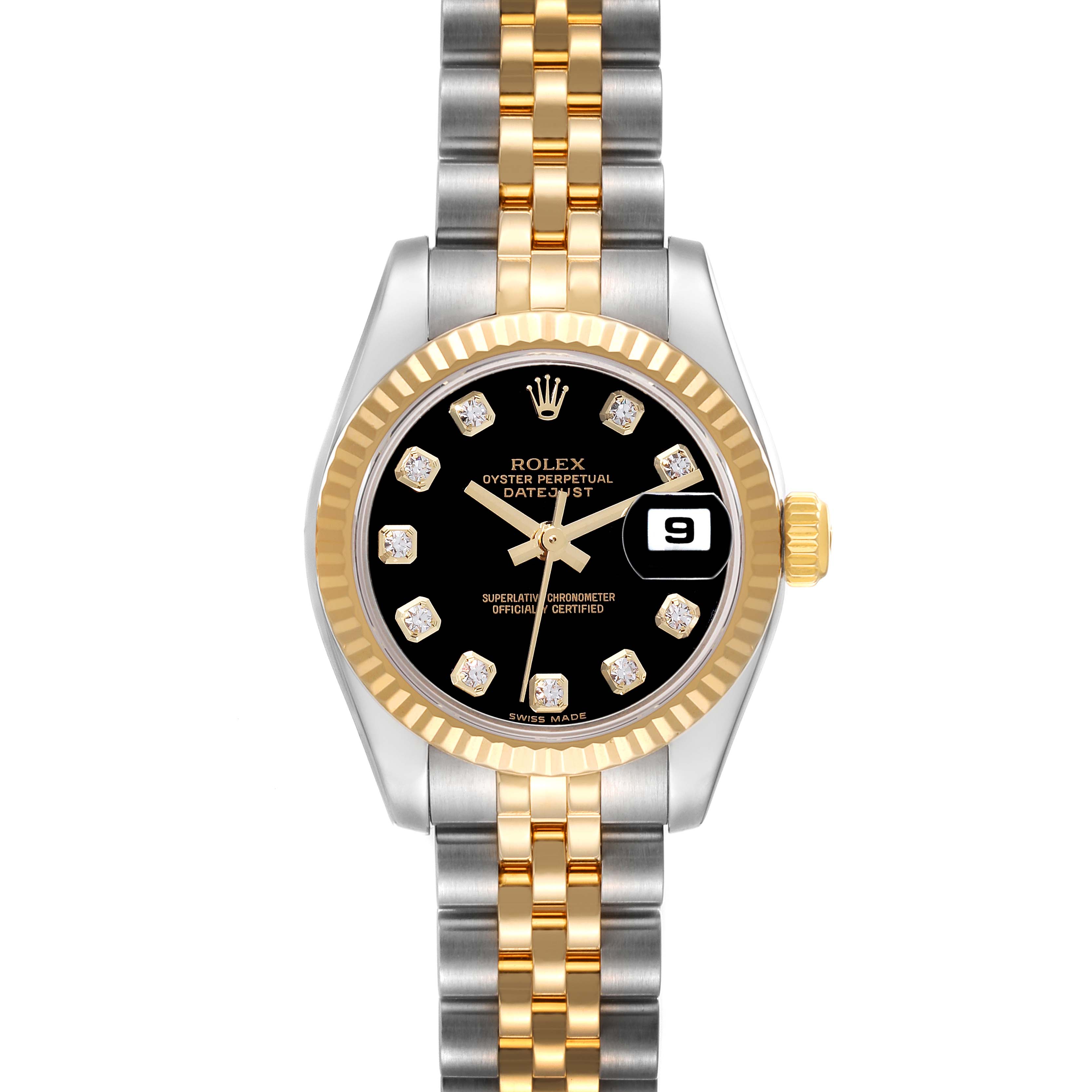 The image shows a front view of a Rolex Datejust 179173 Women's Steel and Gold (two tone) Black Dial 179173 Women's Steel and Gold (two tone) Black Dial watch, highlighting its face, bezel, and two-tone bracelet.