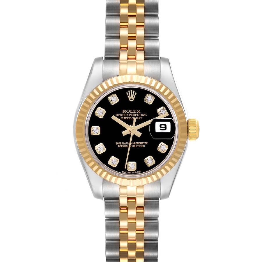 The image shows a front view of a Rolex Datejust 179173 Women's Steel and Gold (two tone) Black Dial 179173 Women's Steel and Gold (two tone) Black Dial watch, highlighting its face, bezel, and two-tone bracelet.