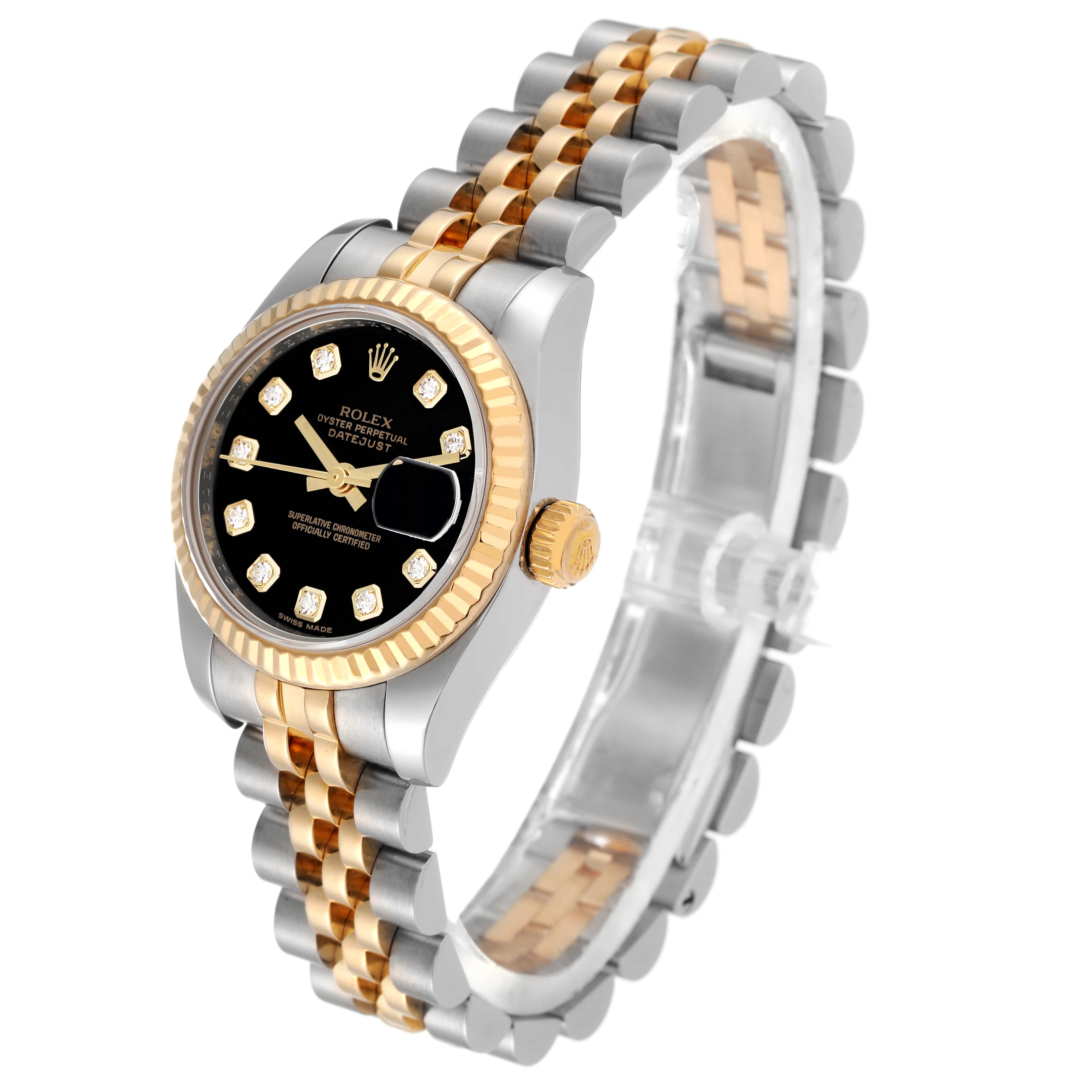 This image shows a side and face angle of a Rolex Datejust 179173 Women's Steel and Gold (two tone) Black Dial 179173 Women's Steel and Gold (two tone) Black Dial watch, featuring its black dial and two-tone bracelet.