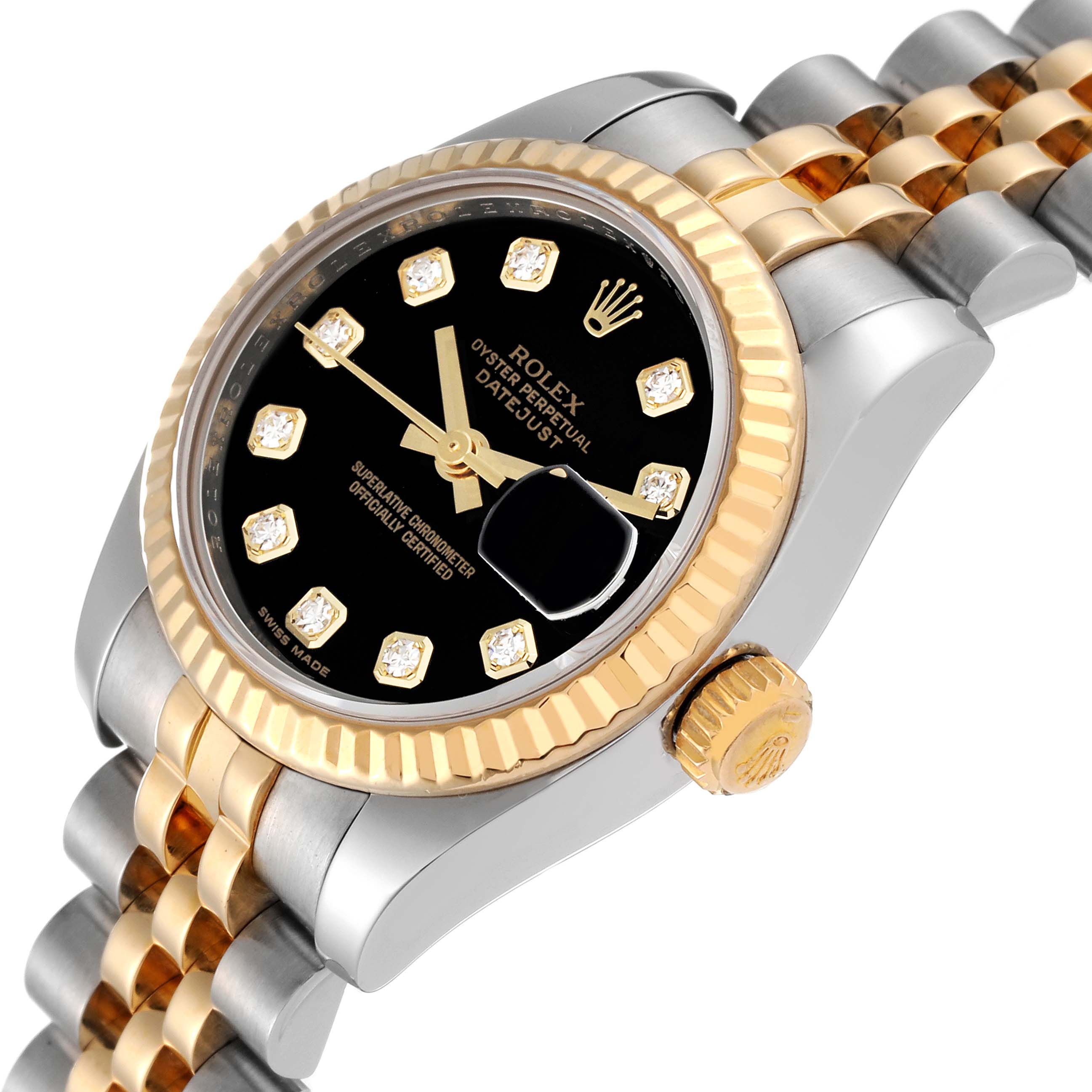 The image shows a Rolex Datejust 179173 Women's Steel and Gold (two tone) Black Dial 179173 Women's Steel and Gold (two tone) Black Dial watch from a side angle, highlighting its black dial, diamond hour markers, and two-tone bracelet.