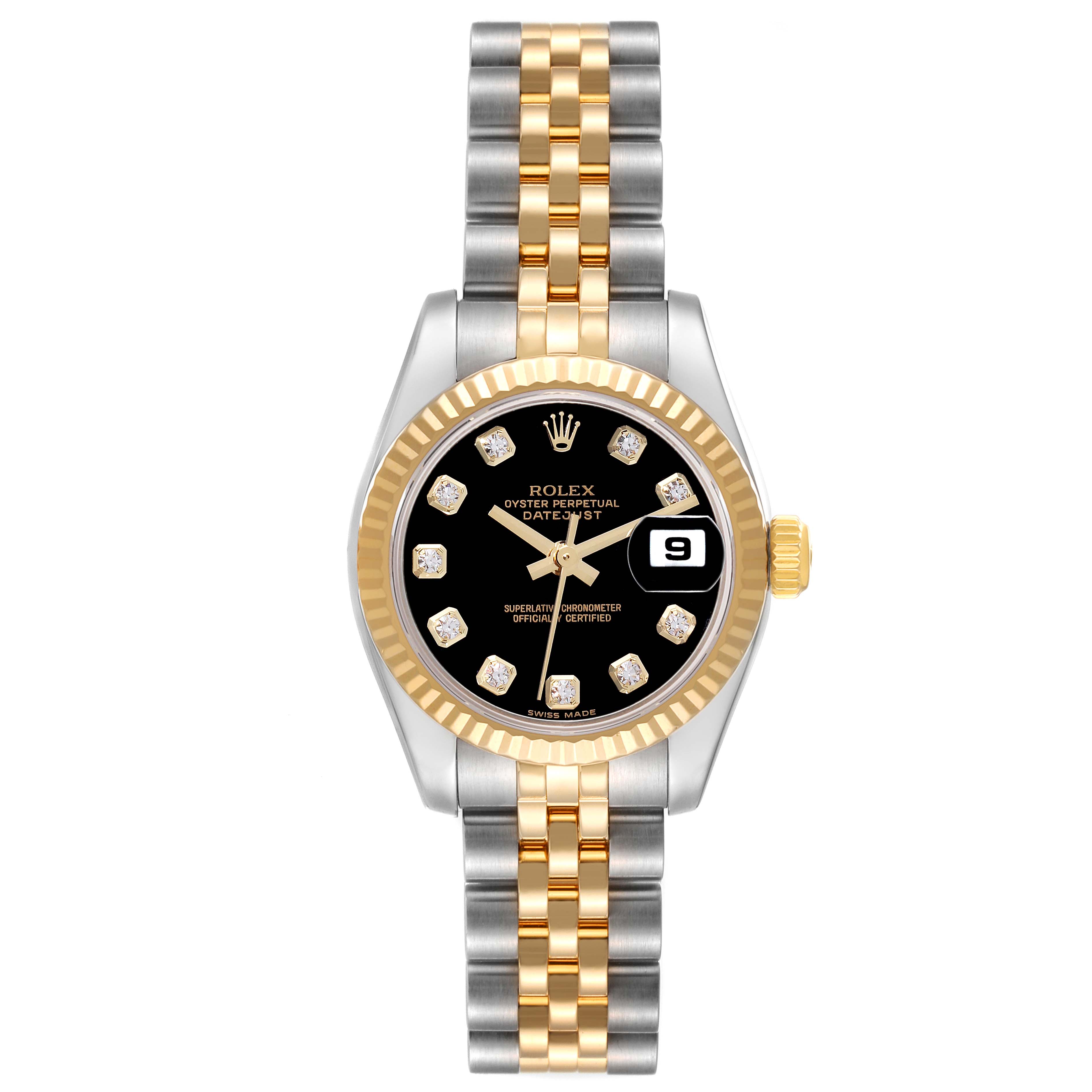 This image shows a frontal view of the Rolex Datejust 179173 Women's Steel and Gold (two tone) Black Dial 179173 Women's Steel and Gold (two tone) Black Dial model, displaying its black dial, jubilee bracelet, and date window.