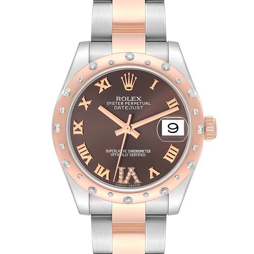This Rolex Mid-Size 178341 Women's Steel and Gold (two tone) Brown Dial 178341 Women's Steel and Gold (two tone) Brown Dial watch is shown from the front, featuring a brown dial, Roman numerals, a date display, and a two-tone bracelet.