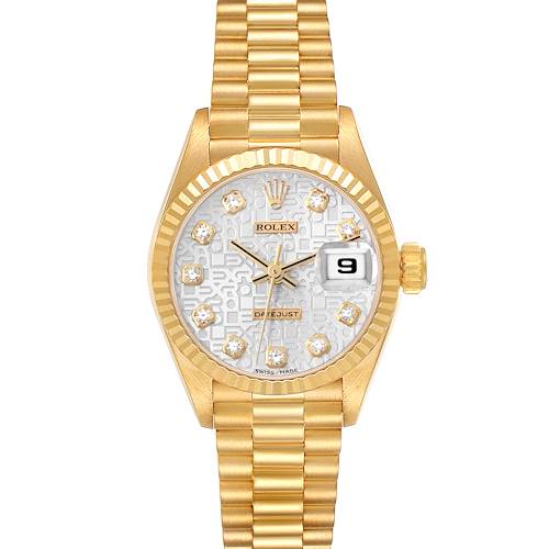 The image shows a frontal view of the Rolex President 69178 Women's Yellow Gold Silver Dial 69178 Women's Yellow Gold Silver Dial model watch with its gold bracelet, diamond hour markers, and date display.