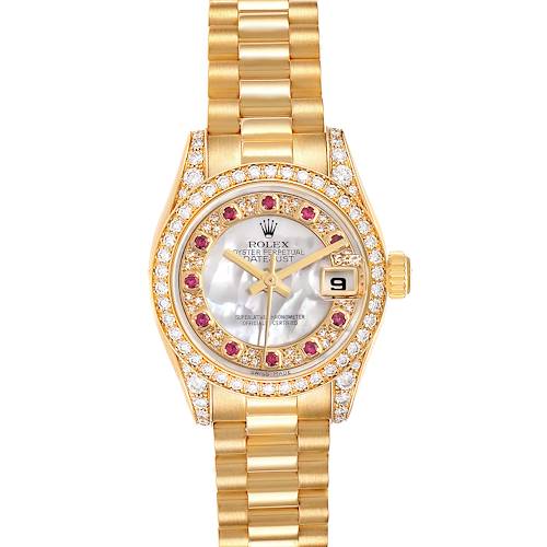 The Rolex President 179158 Women's Yellow Gold Mother of Pearl Dial 179158 Women's Yellow Gold Mother of Pearl Dial model is shown from a top view, highlighting the watch face, bezel, and bracelet.