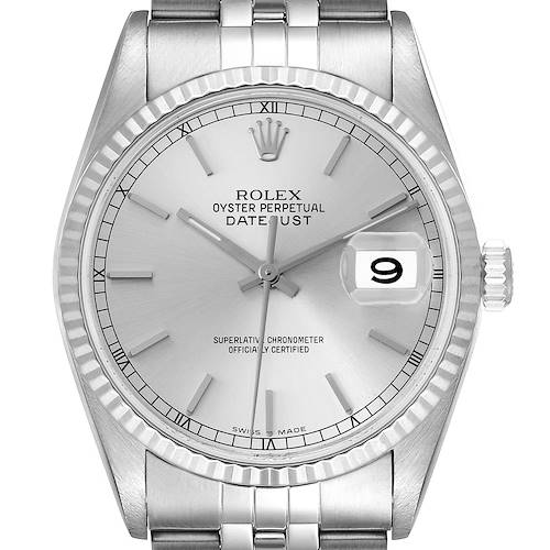 This is a front view of the Rolex Datejust 16234 Men's Stainless Steel Silver Dial 16234 Men's Stainless Steel Silver Dial, showcasing the dial, bezel, crown, and part of the bracelet.