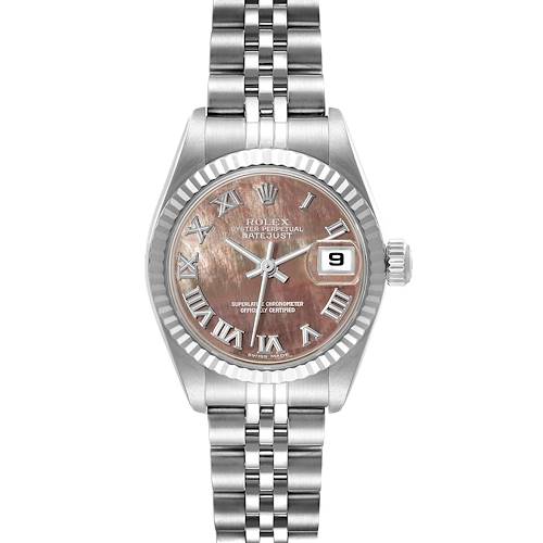 The Rolex Datejust 79174 Women's Stainless Steel Mother of Pearl Dial 79174 Women's Stainless Steel Mother of Pearl Dial watch is shown from the front, displaying the dial, bezel, hands, crown, and bracelet.