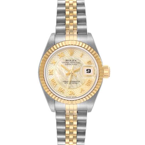 The image shows a Rolex Datejust 79173 Women's Steel and Gold (two tone) Mother of Pearl Dial 79173 Women's Steel and Gold (two tone) Mother of Pearl Dial watch from a front angle, highlighting the dial, bezel, and bracelet.